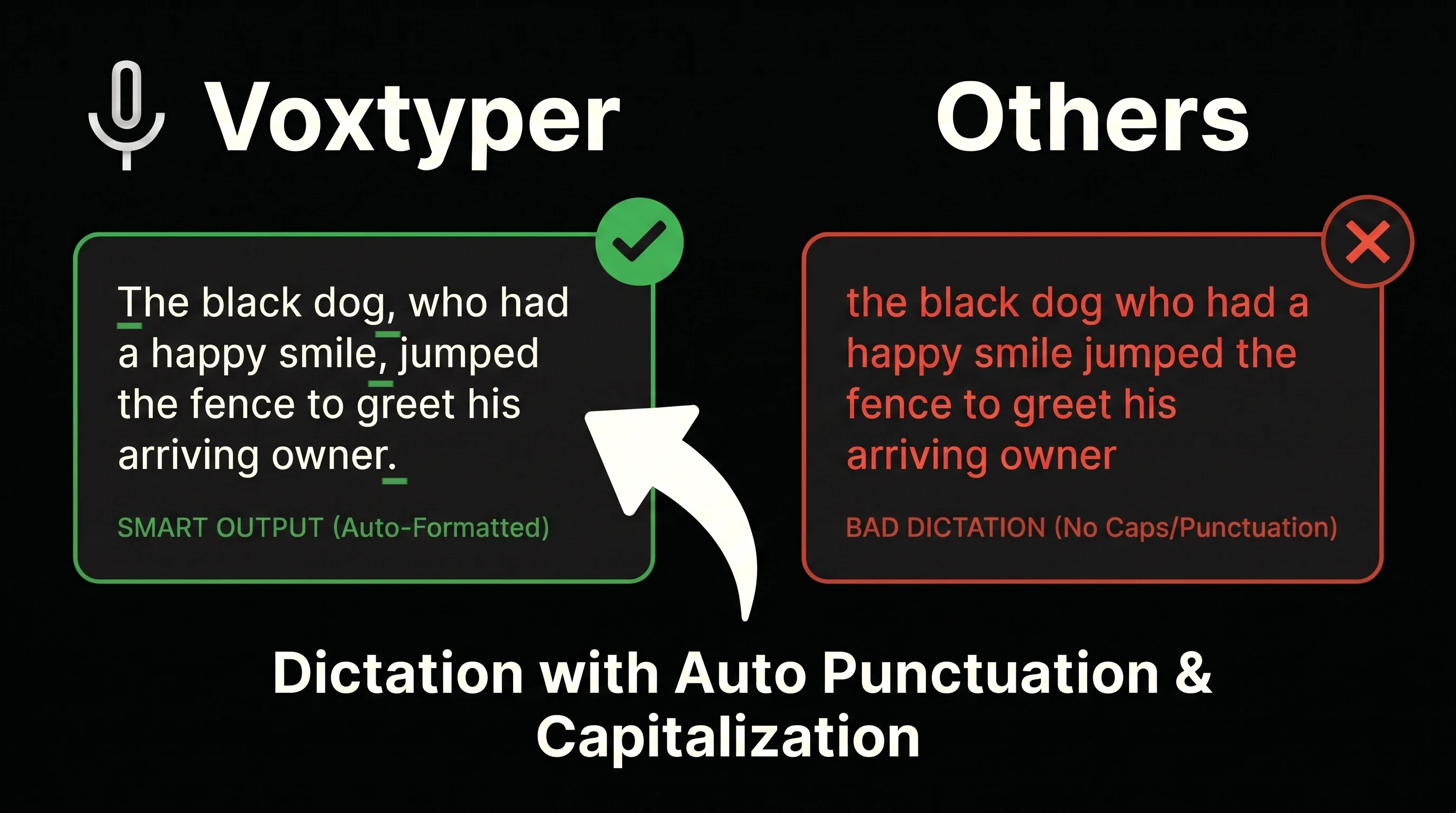 Side-by-side comparison: Voxtyper produces 'The black dog, who had a happy smile, jumped the fence to greet his arriving owner.' with proper punctuation and capitalization, marked with a green check. Other dictation tools produce the same text in all lowercase with no punctuation, marked with a red X.