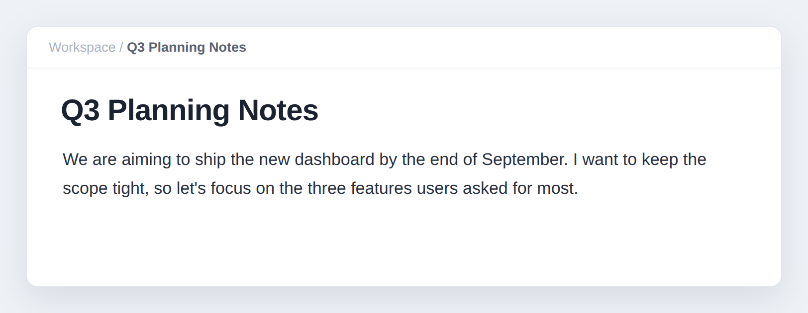 A Notion style page with a page title and a dictated paragraph block that has commas, periods, and capital letters added automatically