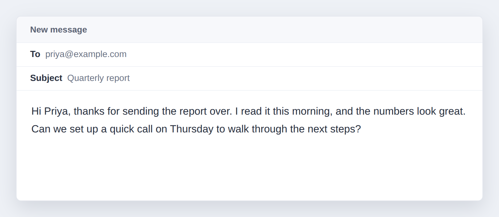 An email compose window with a dictated message that has commas, periods, and capital letters added automatically, showing dictation typing into the message body