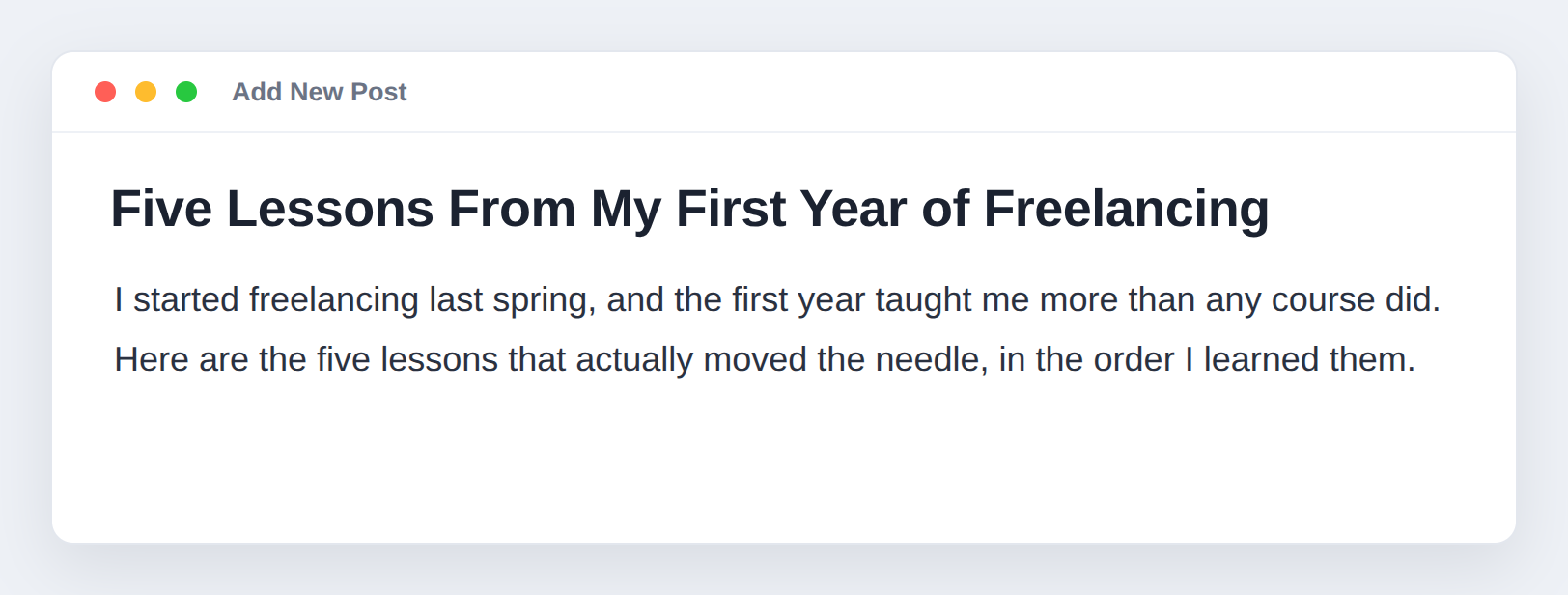 A blog post editor with a post title and a dictated paragraph that has commas, periods, and capital letters added automatically